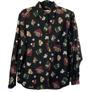 Talbots Women's Shirt Top S Fine Corduroy Winter Print Black Cotton Button Up